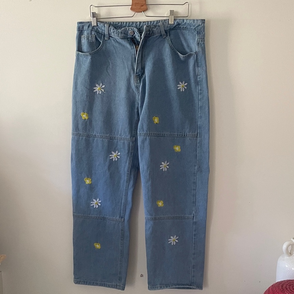 Light Wash Denim Pants with Daisy & Yellow Flower Embroidery